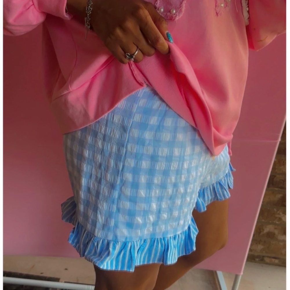 Blue Gingham Ruffle-Trim Shorts - Picture 3 of 5